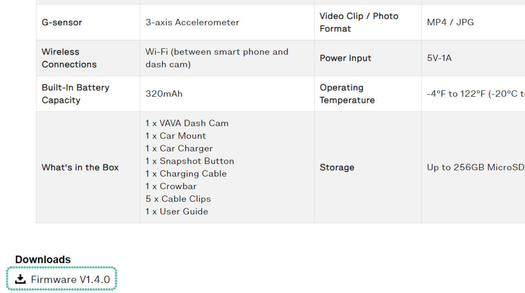 vava dash cam firmware link